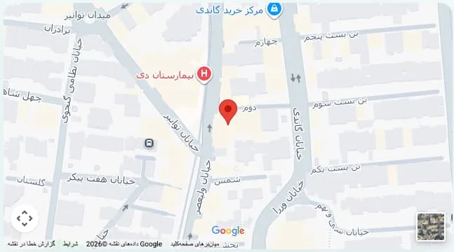 موقعیت مطب دکتر امامی روی نقشه گوگل — نزدیک بیمارستان دی، خیابان توانیر