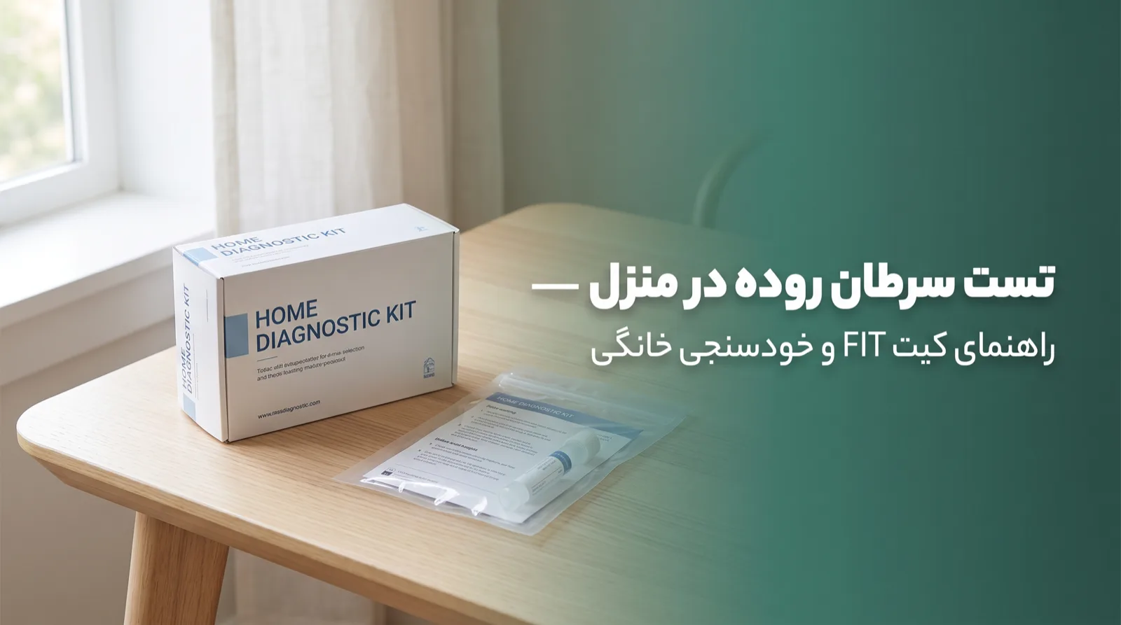 کیت تشخیصی تست سرطان روده در کنار پنجره روشن خانگی، با تیتر: تست سرطان روده در منزل