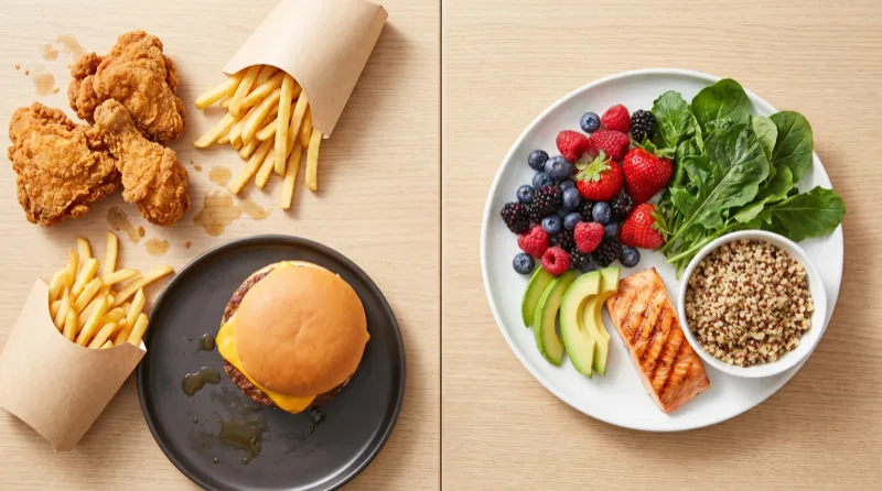 مقایسه غذاهای پرچرب و سرخ‌کردنی مضر با سبزیجات و میوه‌های مفید برای کیسه صفرا