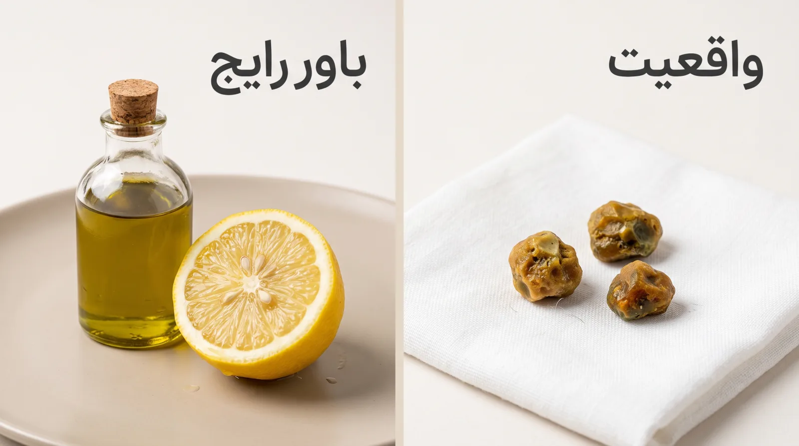 مقایسه سنگ واقعی کیسه صفرا با گلوله‌های حاصل از روغن زیتون
