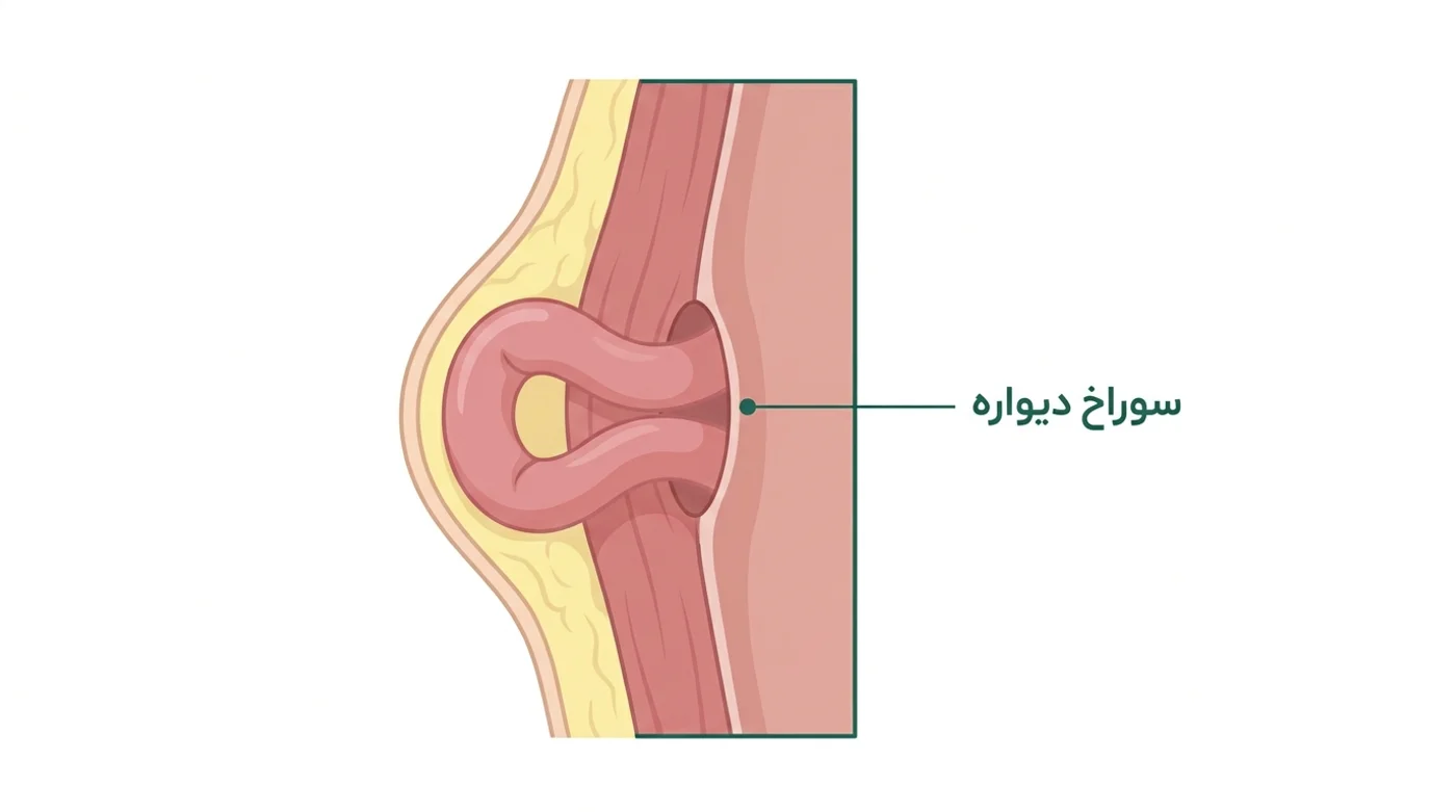 برش عرضی دیواره‌ی شکم که سوراخ در لایه‌ی عضلانی و بیرون‌زدن حلقه‌ی روده از آن را نشان می‌دهد