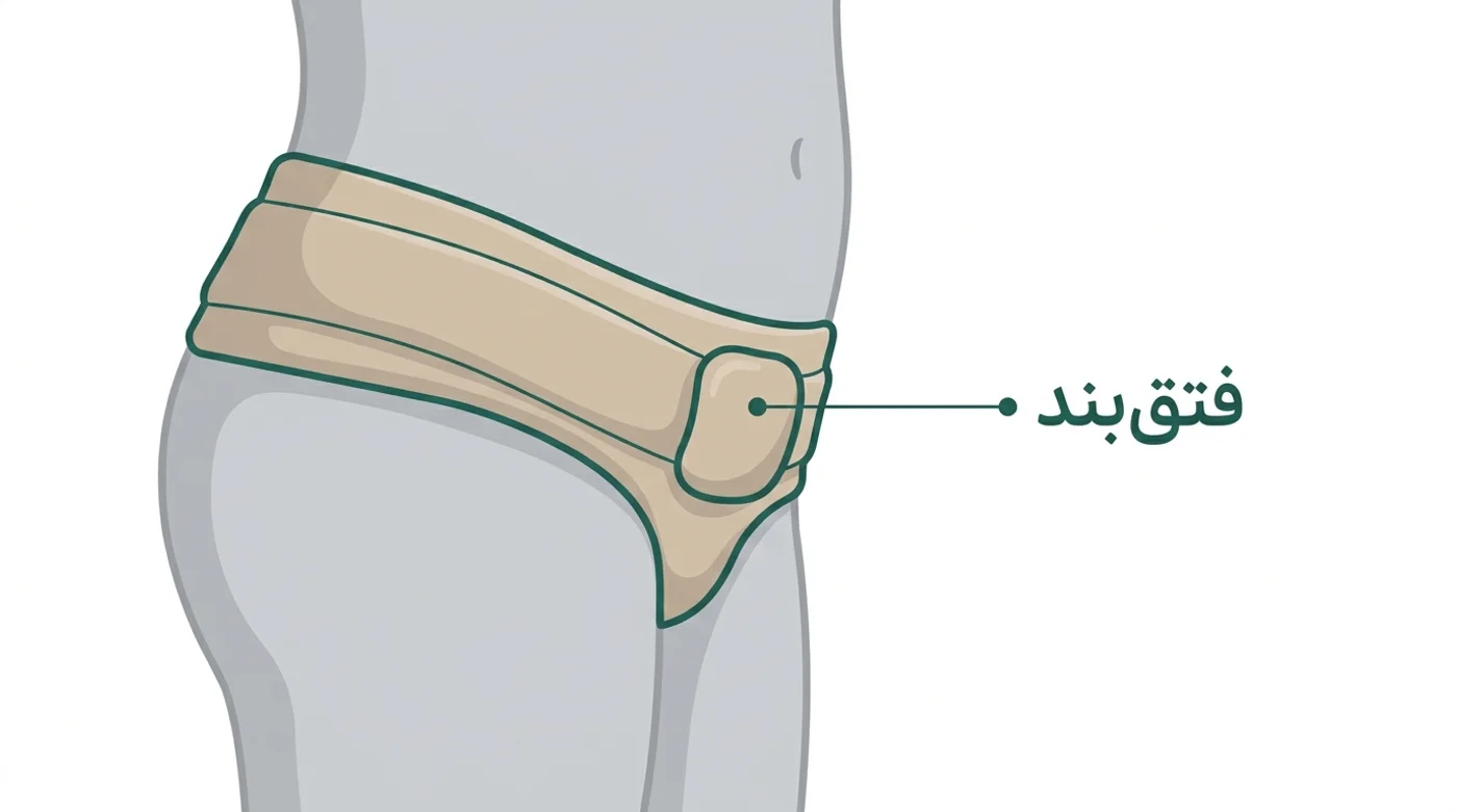 تصویر فتق‌بند بسته‌شده دور لگن با پد فشاری روی ناحیه‌ی کشاله ران