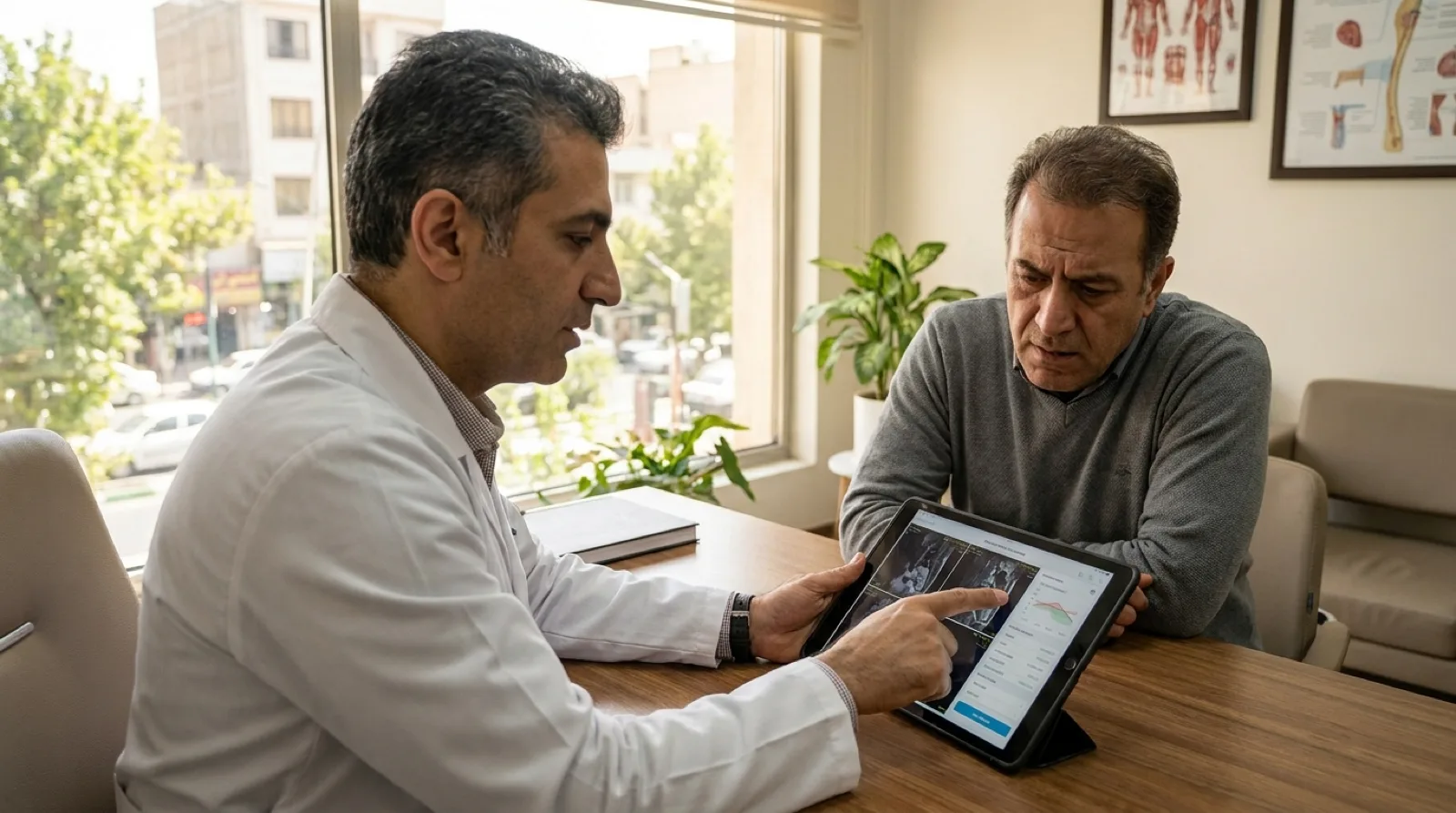 جراح در حال توضیح نتیجه‌ی آندوسکوپی به بیمار نگران در مطب
